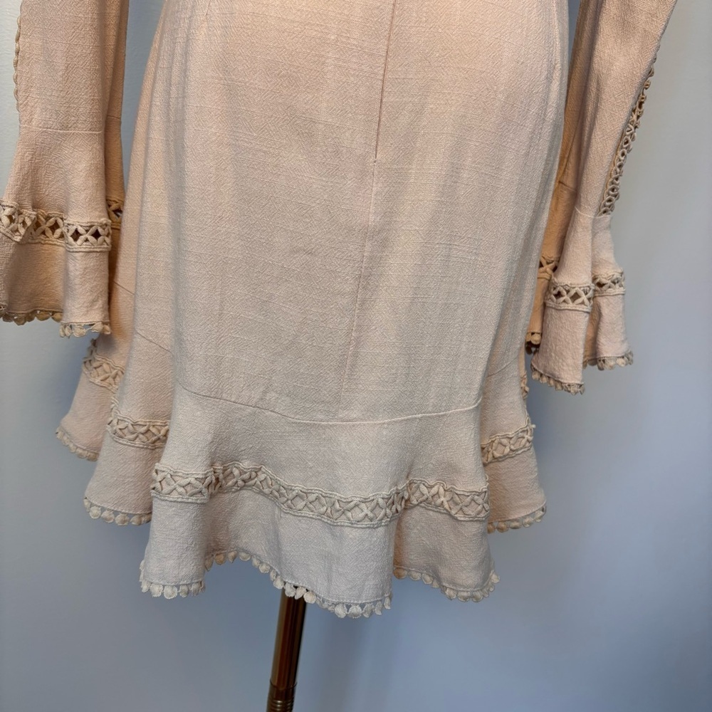 Saints and Secrets Flare Linen Embroidered Flare Cuff Waist Tie Dress Beige Sz S - Picture 12 of 15